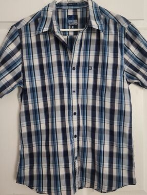 Vintage Y2K Anchor Blue Button Up Blue Navy White Plaid, Sz Mens M